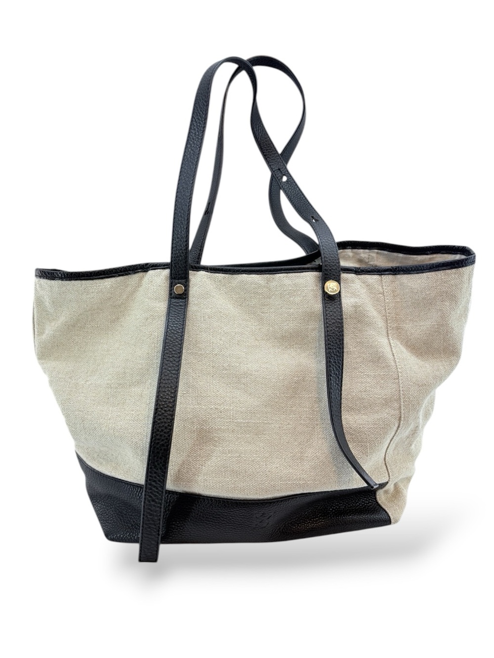 Christopher Kon Large Beige Linen and Black Leather Tote Bag